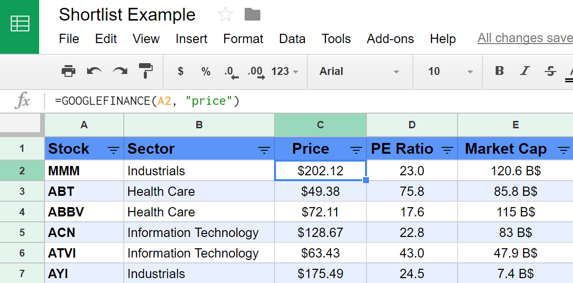 example of a list in a spreadsheet